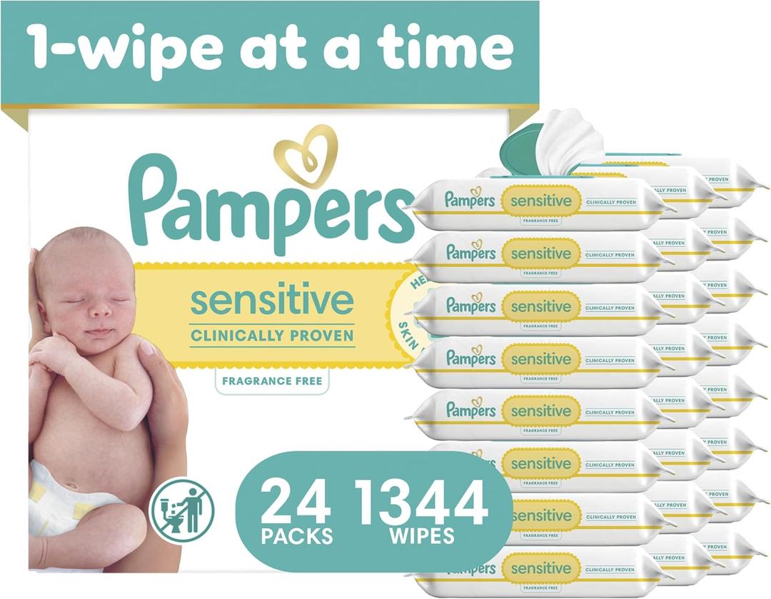 Pampers Sensitive Baby Wipes, Unscented, Fragrance Free, Clinically Proven, Water Based, Hypoallergenic, Multi-Use, Hand Wipes, 1344 Wipes Total (24X Flip-Top Packs)