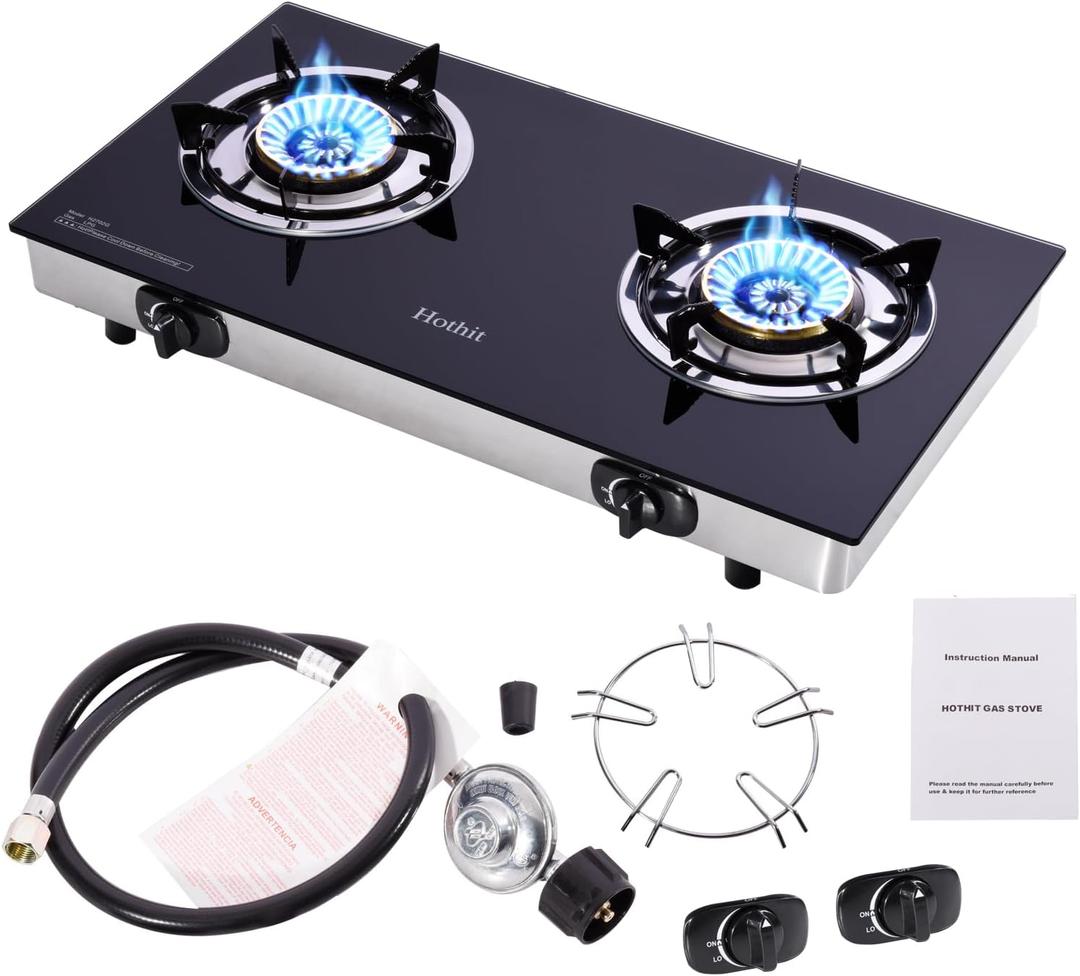 Hothit Portable 2 Burner Propane Stove Gas Cooktop, 28600 BTU Tempered Glass Auto Ignition for Outdoor Kitchen, Camping, RV, Small Apartment (Black)