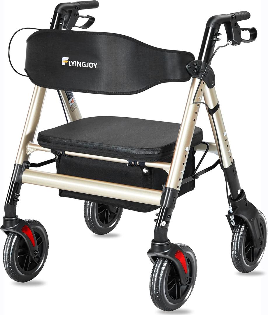 Rollator Walker with Seat,450Lb Rolling Walker, Extra-Wide Heavy-Duty Rollator Walker with Seat and Brakes for Seniors and Adults Bariatric with Large Aluminum (Champagne)