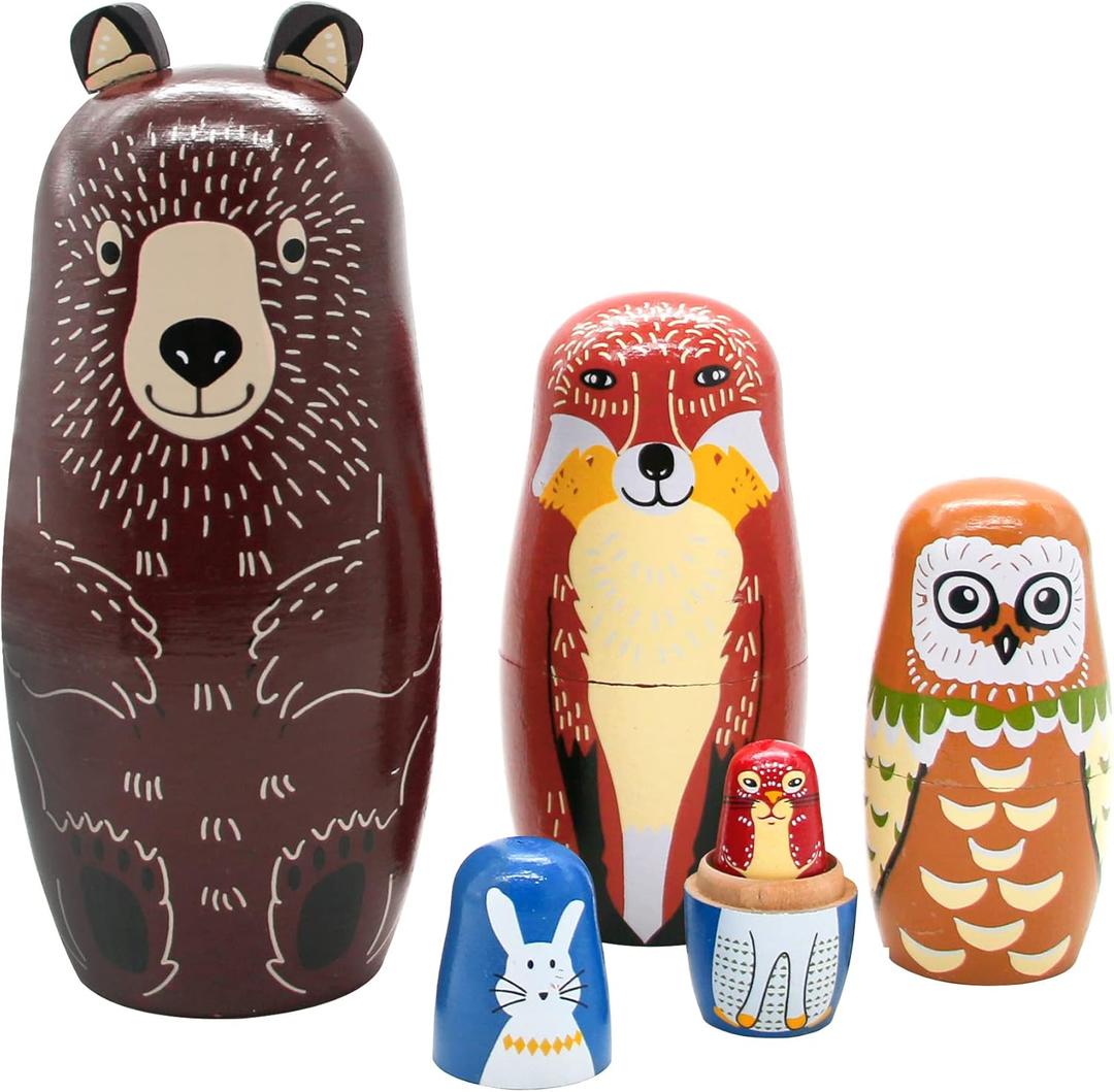 Conzy Russian Nesting Dolls for Kids, Stacking Wooden Handmade Matryoshka Dolls, 5 Piece Cute Cartoon Animal Pattern, Great Toy Gift for Girls Boys' Birthday or Home Decoration (Brown)