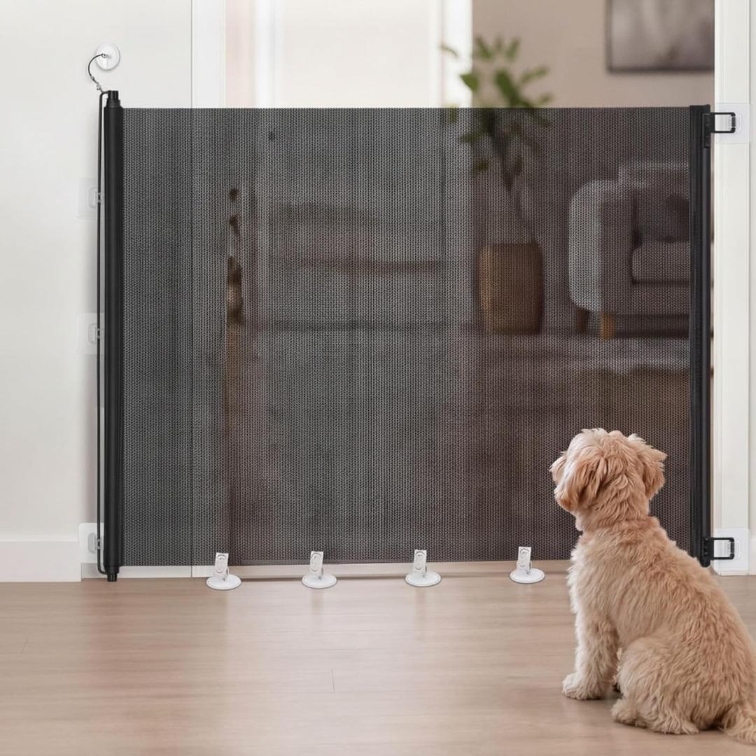 Retractable Dog Gate No Drill, Black, 30 x 70 Inches, Anti Crawl