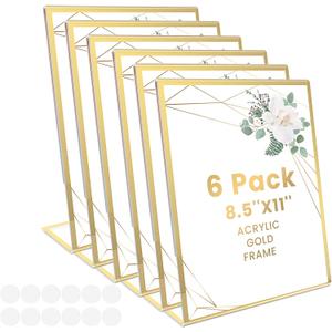 Acrylic Gold Frames 8.5x11, Slanted Back Gold Picture Frames Table Acrylic Sign Holder for Photos Wedding Table Numbers and Art Display with Removable Clear Sticky Dots 6 Pack