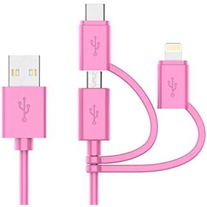 Apple MFI Certified 3-in-1 Cable, Lightning/Type C/Micro USB Cable for iPhone, iPad, Huawei, HTC, LG, Samsung Galaxy, Sony Xperia, Android Smartphones, iPad Pro 2018 and More 3 in 1 Pink(6FT)
