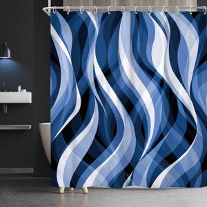 Riyidecor Black White Navy Blue Shower Curtain Abstract Striped Contemporary Minimalist Geometric Modern Unique 72Wx72H Inch Simple Waves Fabric Decor Bathroom Polyester Waterproof 12 Pack Hooks