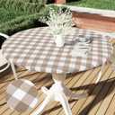 Smiry Round Picnic Table Cloth, Elastic Waterproof Fitted Vinyl Tablecloth for 36"-44" Tables, Flannel Backed Buffalo Plaid Table Covers for Dining, Camping, Outdoor, White and Khaki