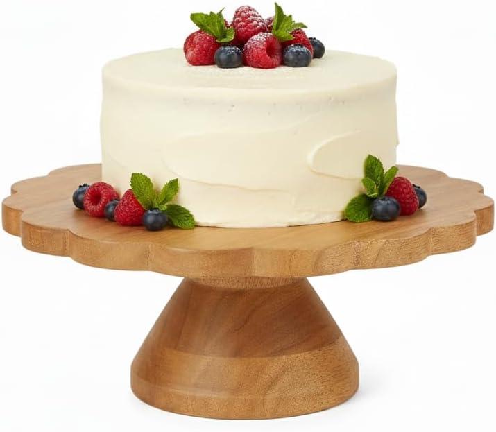 Mela Artisans Wooden Cake Stand 12 Inch | Natural Finish Mango Wood Pedestal Riser | Footed Cupcake & Dessert Stand | Multipurpose Cake Display for Home Decor | Dining Table | Pastries