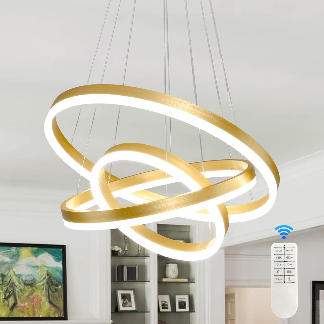Modern Gold Led Chandelier 3 Rings Gold Dimmable LED Chandeliers Light Fixture for Kitchen Island Height Adjustable Chandelier Led Pendant Light for Dining Room Bedroom Living Room