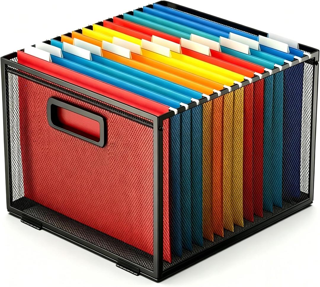 Sinboun Hanging File Organizer, Metal Mesh File Folder Organizer Letter Size Filing Crates File Cabinet Inserts Storage Box