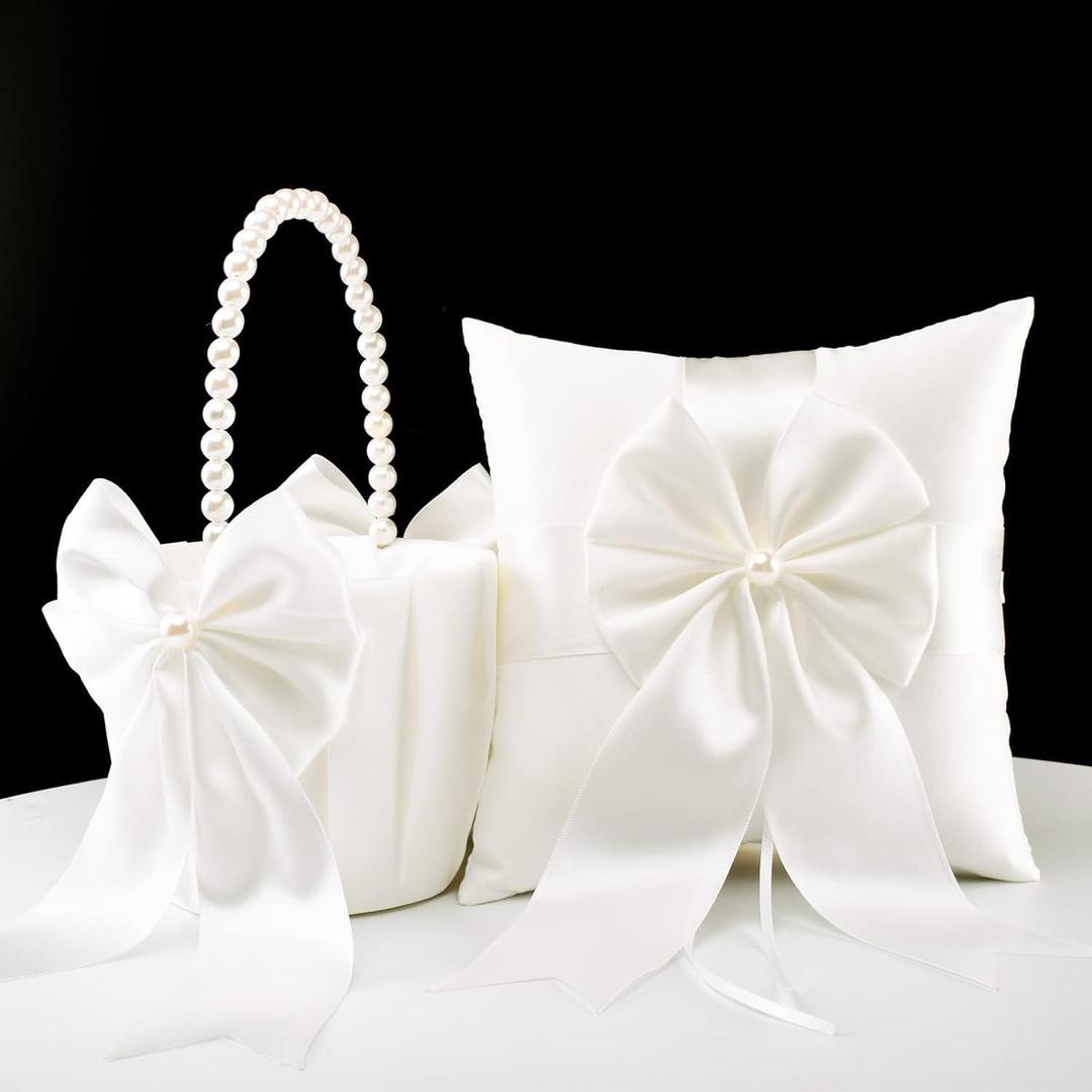 Flower Girl Baskets and Ring Bearer Pillow Set, Flower Girl Basket with Pearl Handle, Ivory Fariy Wedding Baskets for Flower Girls, Ring Pillow for Ring Boy