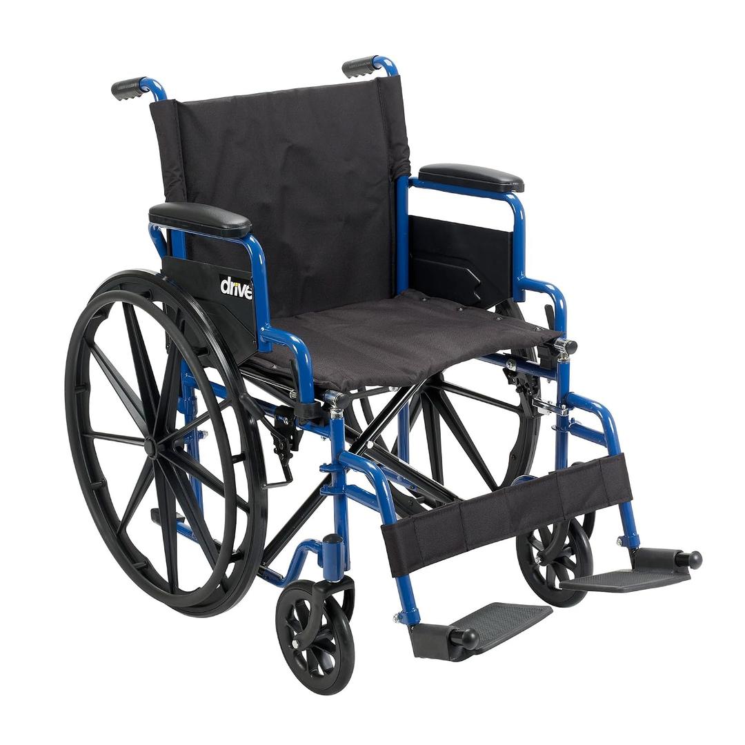 Drive Medical Blue Streak Lightweight Wheelchair - Portable Folding Mobility Aid - Swing-Away Footrests - Desk Arms - Durable Steel Frame - Easy Transport & Storage - 20-Inch Seat