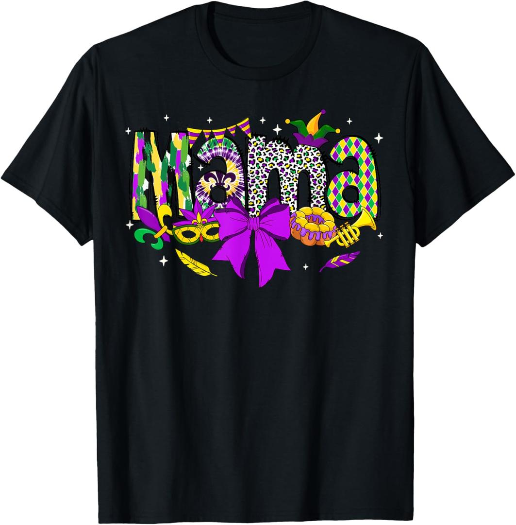 Mama Coquette Bow Mardi Gras Women Mom Mother Carnival T-Shirt (Small, Black)