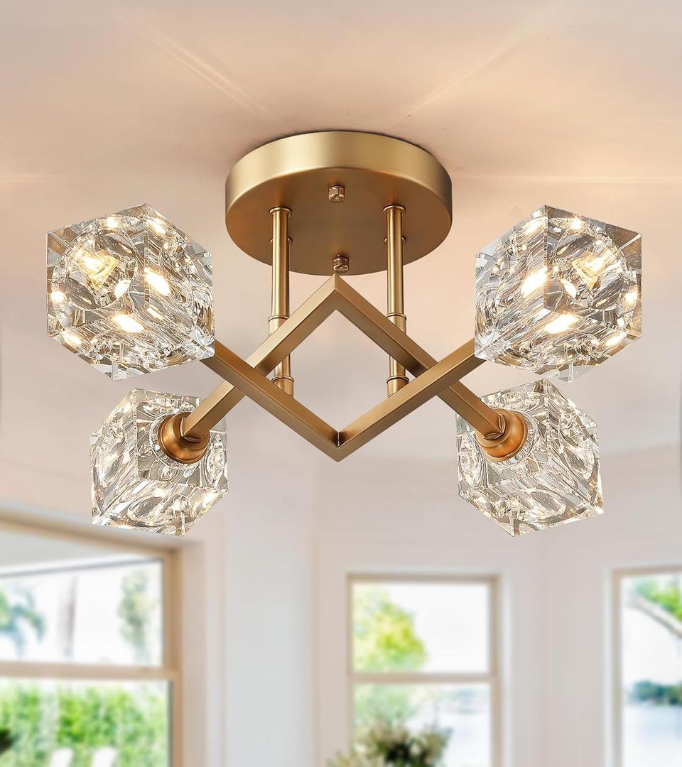 AMZASA Semi Flush Mount Ceiling Light,Gold Modern Crystal Chandelier Ceiling Light Fixtures for Entryway Hallway Dining Room Kitchen Living Room Bedroom (Brass 4-Light)