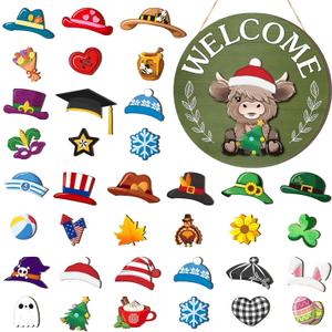 35 Pcs Christmas Interchangeable Highland Cow Welcome Sign Highland Cow Seasonal Wooden Hanging Door Decor Thanksgiving Farmhouse Hanging Sign for Front Door Xmas Party Decoration Gift(Grass Green)