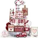 Yookeer 20 Pcs Vintage Valentines Tiered Tray Decor Set, Rustic Farmhouse Wooden Heart Cupid Signs Mini Gnome Love Block Tag Tabletop Decoration for Home Kitchen Office Bar