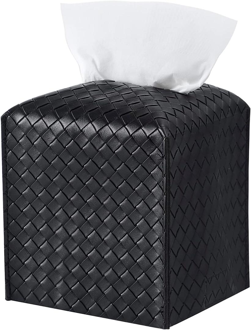 Tissue Box Cover PU Leather Tissue Holder Square Facial Tissue Case Facial Paper Organizer Dispenser for Bathroom, Vanity Countertop, Tabletop, Car, Square, Black