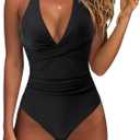 SUUKSESS Women Sexy Tummy Control One Piece Swimsuits Halter Push Up Bathing Suits (Black, XL)