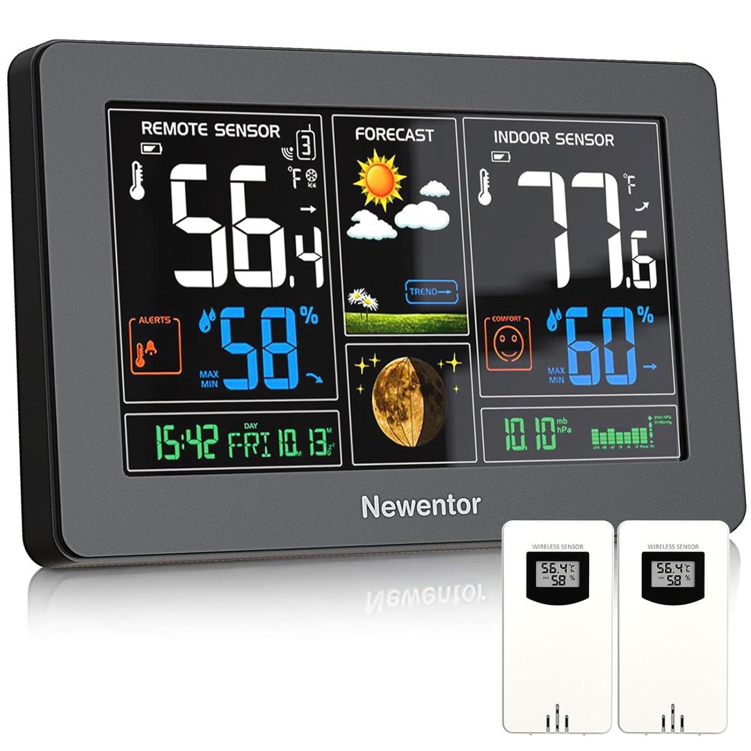Newentor Weather Station Wireless Indoor Outdoor Thermometer, Color Display Digital Weather Thermometer with Atomic Clock, Barometric Pressure, Forecast Station with Adjustable Backlight,Black,2Sensor