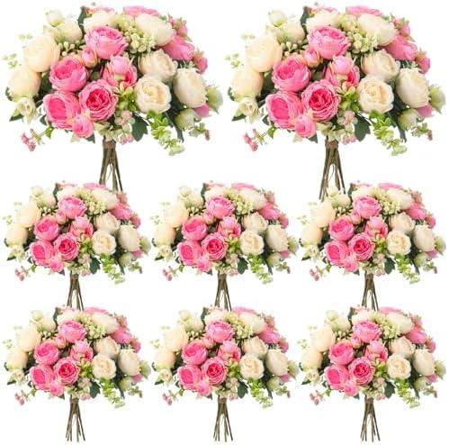 Geosar 8 Bundles Artificial Peonies Flowers Fake Silk Peony Bouquet Faux Peonies Flowers Bulk for Decoration Vase Floral Arrangements Wedding Party Table (Pink,Champagne)