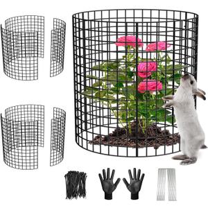 3 Pack Wire Plant Protectors, 13.5" Dia x 14" H Plant Protector from Animals, 9pcs Pre-Bent Metal Mesh to Keep Animals Out with Zip Ties & Stakes (3 Packs) (Black Gloves)