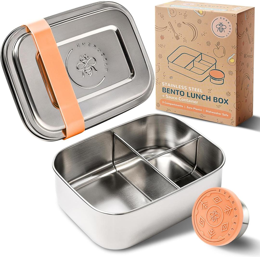 Everusely - Bento Box for Kids - Orange, 6.5x4.7 / 27oz - Stainless Steel Lunch Box w/Leakproof Condiment Container - 3 Compartment Snack Box for School, Office Meals - Freezer & Dishwasher Safe