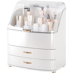 Makeup Organizer Countertop Vanity with Transparent Lid Drawers Waterproof Dustproof Cosmetic Skincare Bathroom Storage Gift for Women Teens Girls (Whtie)