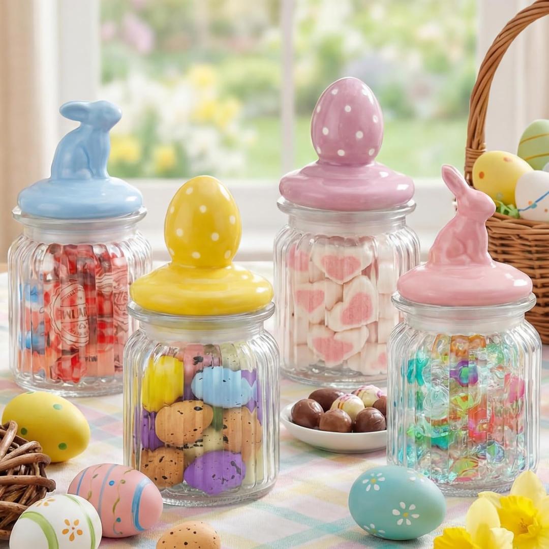Nitial 4 Pcs Easter Glass Jar with Ceramic Bunny Eggs Lid Clear Easter Candy Jar Decorative 7.8 oz Pastel Bunny Food Storage Canister for Easters Party Tea Cookie Mini Sweets Gift Egg Table Decoration