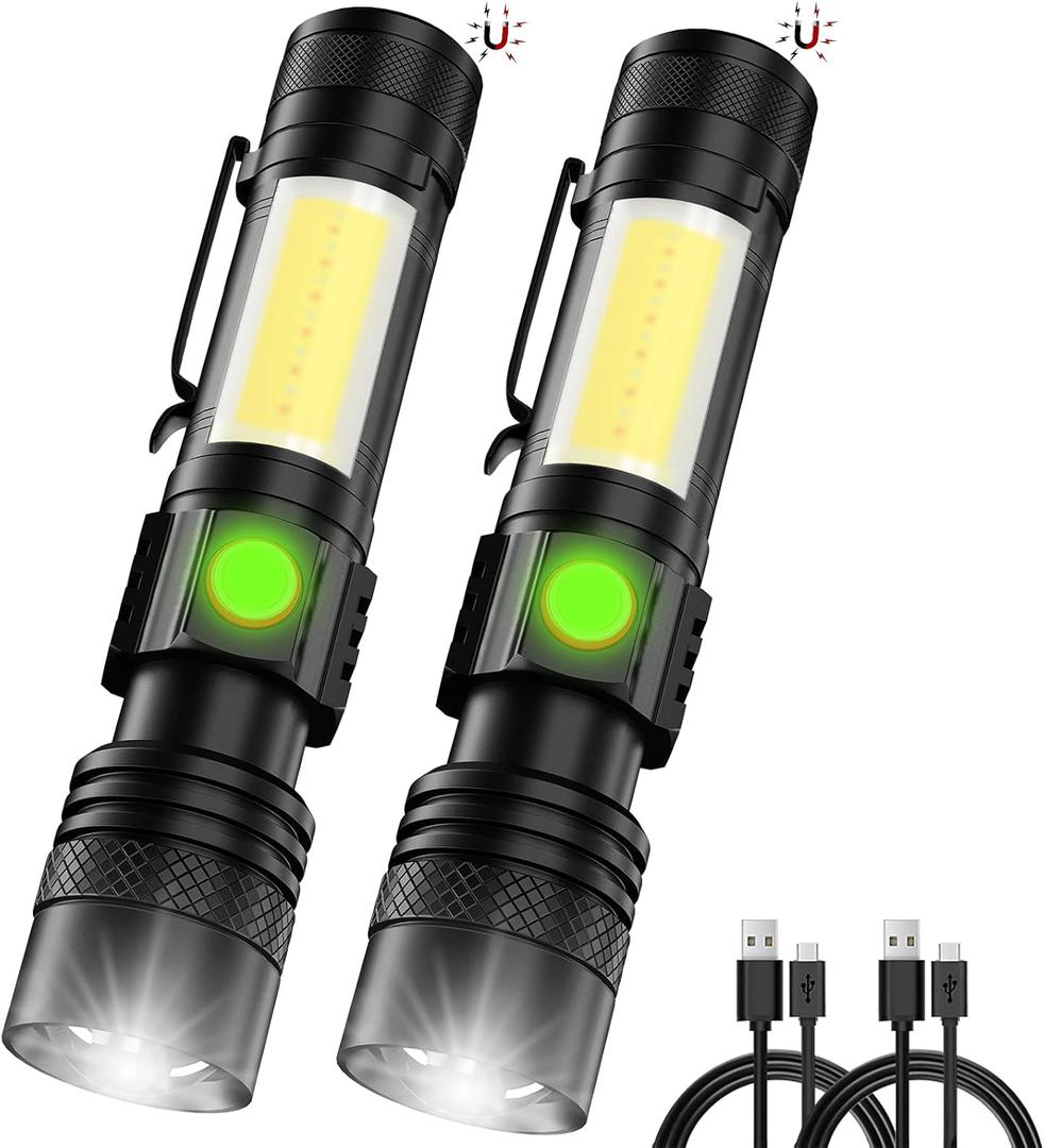 Rechargeable Flashlight, Magnetic LED Flashlight Battery Not Includedwith COB Work Light, Pocket Tactical Flashlights with 6 Modes,1000 Lumens Super Bright,Waterproof,Zoomable,for Camping,Emergency (001C Black)