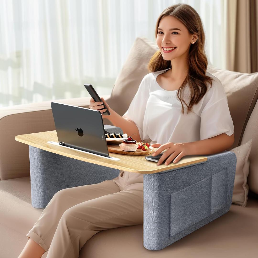 TV Trays for Eating on Couch with Tablet and Phone Slot, Couch Table for Laptop, Couch Desk with Arm Rest, Laptop Table for Bed
