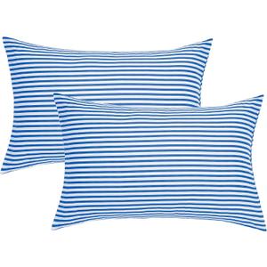 JELLYMONI 100% Natural Cotton Striped Standard Pillowcases Set, 12 X 20 inches 2 Pack White and Blue Stripes Pattern Printed Pillow Covers with Envelope Closure(Pillows are not Included) 