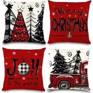 DIYDEC 4pcs Christmas Pillow Covers 18x18 Inch Red Pillow Covers Xmas Decorations Buffalo Tree Truck Merry Christmas Pillows Winter Holiday Farmhouse Seasonal Throw Case Decor for Sofa Couch