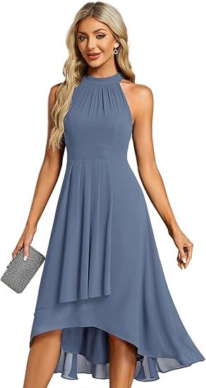 Women's Halter Neck Pletaed Sleeveless Hi-Lo Chiffon Wedding Guest Dress  (9-10 Years, Blue)