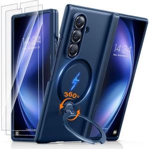 TORRAS 360 Spin Magnetic Stand for Galaxy Z Fold 7 Case, MIL-Grade Hinge Protection, Fit for Magsafe, 360 Kickstand & Ring Holder, Armor Hard Slim Case for Samsung Galaxy Z Fold 7, Blue