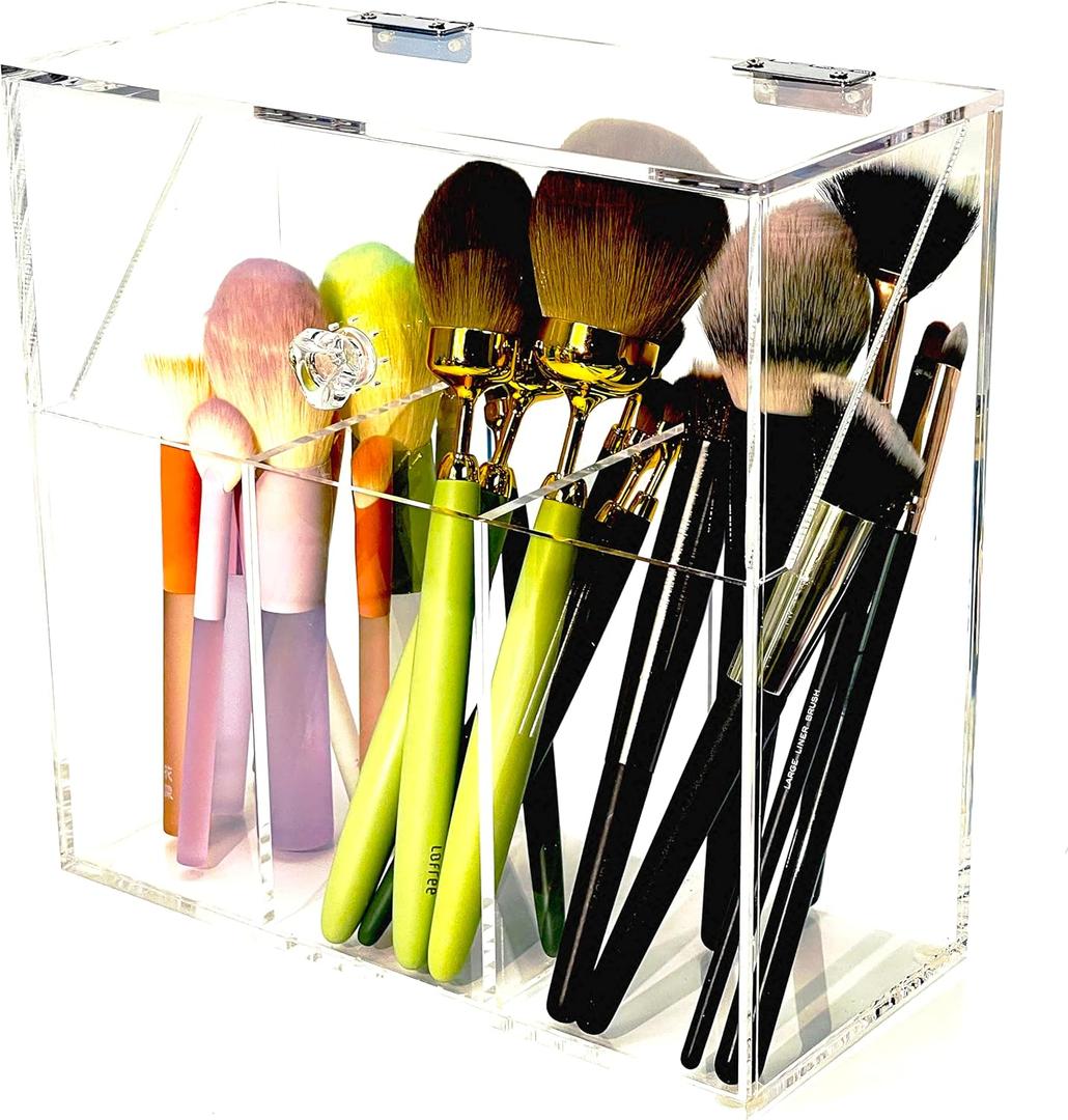 VASERDDY Acrylic Makeup Organizer,Clear Cosmetic Brush Storage Box With 3 Brush Holders,Makeup Brush Holderwith Dust Cover, Large-capacity Split Design Can Quickly Organize the DesktopNo pearls