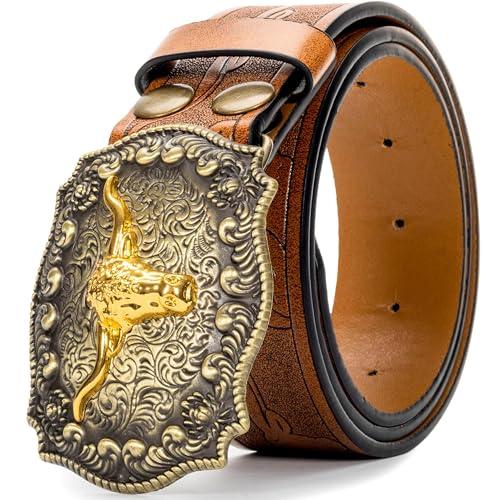 Mawjom Western Cowboy PU Leather Belt - Men Waist Strap Bull Decoration Floral Engraved for Jeans 31" to 34" Waist