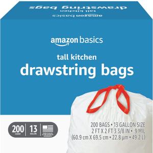 Amazon Basics Trash Bags, Tall Kitchen Drawstring, Unscented, 13 Gallon, 200 Count