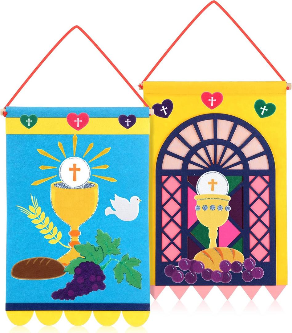 Oudain 2 Sets 12 x 18 Inch First Communion Banner Kit for Boys Girls Catholic Christian Religious Crafts Felt Banner DIY Pew Decoration Holy Communion Gifts for Church Sunday School Crafts Art Decor