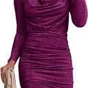 PRETTYGARDEN Women's Fall Bodycon Mini Dress Sparkly Long Sleeve Cowl Neck Ruched Short Club Cocktail Wedding Guest Dresses (Purple, L)