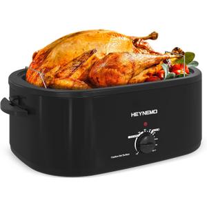 26 Quart Electric Roaster Oven with Visible & Self-Basting Lid, Large Turkey Roaster with Defrost Warm Function, Adjustable Temperature, Removable Pan Rack, Stainless Steel, Black, 26QT