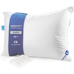 Continental Bedding | Serenity Goose Down Pillow | 700 Fill Power Hungarian White Down | 400TC Cotton Damask Shell | Made in USA | Queen, Soft with Protector