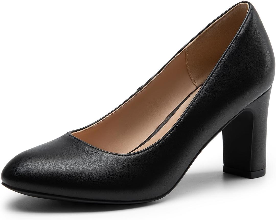DREAM PAIRS Women's Block Heels Closed Toe High Chunky Rounded Toe Pumps Comfortable Slip On Work Shoes (8.5, Black-pu)