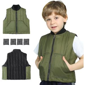 Weighted Vest for Kids - Adjustable Compression Vest With Four Removable Weights Included - Zipper and Pockets Design (Large, Green)
