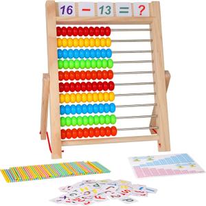 KIDWILL Preschool Math Learning Toy,10-Row Wooden Frame Abacus with Multi-Color Beads, Counting Sticks, Number Alphabet Cards, Gift for 2 3 4 5 6 Years Old Toddlers Boys Girls