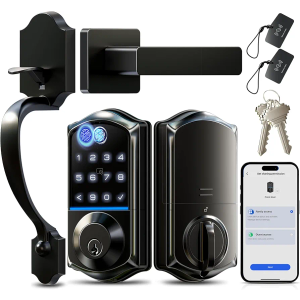 Veise VE017-H Fingerprint Smart Front Door Lock Set, App Control, 8-in-1 Keyless Entry Deadbolt with Zinc Alloy Handles, Emergency Power Port, Touchscreen Keypad, Auto Lock, Easy Install, Matte Black