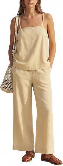 MAKABO Women's Two Piece Beach Vacation Pant Set Summer, Comfy Travel Outfits Casual Tank Top Sets with Pockets, size : L