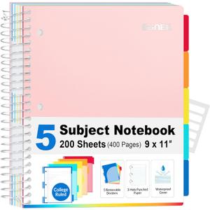 SUNEE 5 Subject Notebook College Ruled - 400 Pages, 9"x11", 5 Pocket Colored Dividers, 3-Hole Punched Paper, Pink