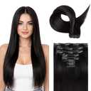Clip in Hair Extensions Real Human Hair, 100% Remy Human Hair, Silky Straight Tangle Free 120g 7 Pieces, 16 Inch Natural Black #1B for Women Daily Use