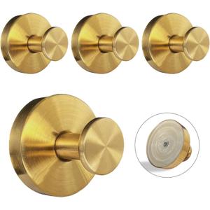 Suction Cup Hooks for Shower - 4 Pack, Gold - Stainless Steel, Strong Suction, No Drill, Removable Hanger, Tile Bathroom Kitchen Wall, Glass Door, Mirror Hook Hanging Robe, Towel Holder
