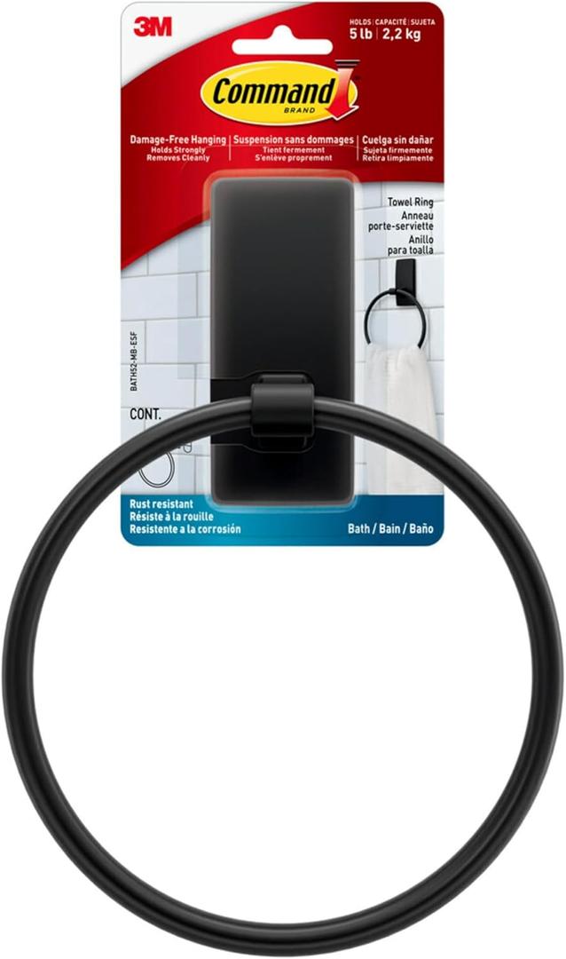 Command Hand Towel Holder Matte Black with Water Resistant Command Strips, Rust Resistant Bathroom Organizer, Holds up to 5 lbs (Large)