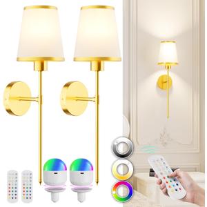 Battery Operated Wall Sconce Set of 2, Rechargeable LED Wireless Wall Lights with 5200mAh Dimmable Bulbs and Remote,15 Colors Gold Wall Lamps for Bedroom Living Room Hallway Decor