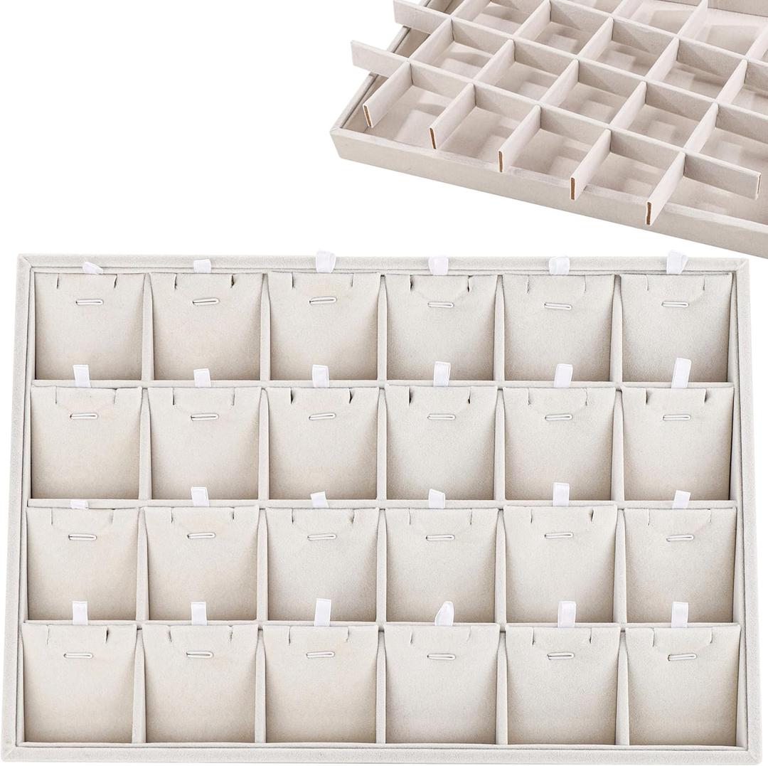 Mornajina 24 Grid Jewelry Tray Velvet Jewelry Display Tray with Removable Dividers, Jewelry Organizer Stackable Trays for Earrings Necklaces Bracelet Rings Display Showcase - Beige